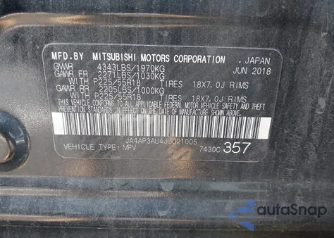 2018 Mitsubishi Outlander Sport 2.0 Es/2.0 Le z USA, uszkodzony, nr VIN JA4AP3AU4JU021005